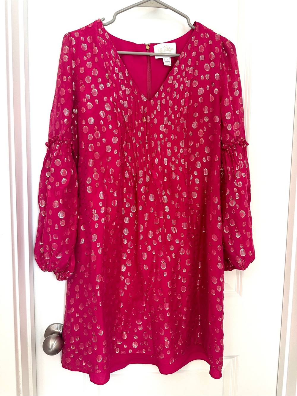 Lilly Pulitzer Pink Gold Polka Dot Chiffon V-Neck Balloon Sleeve Dress 6